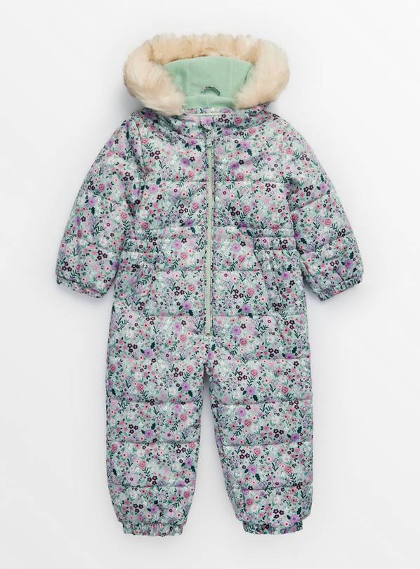 Green Floral Print Quilted Snowsuit 1-2 years